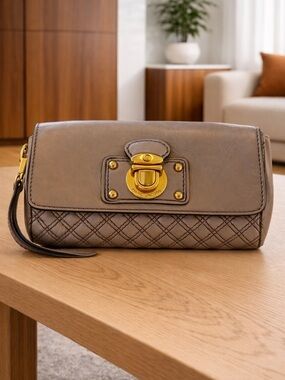 Marc Jacobs Quilted Taupe/Silver Leather Wristlet with Gold-Tone Lock